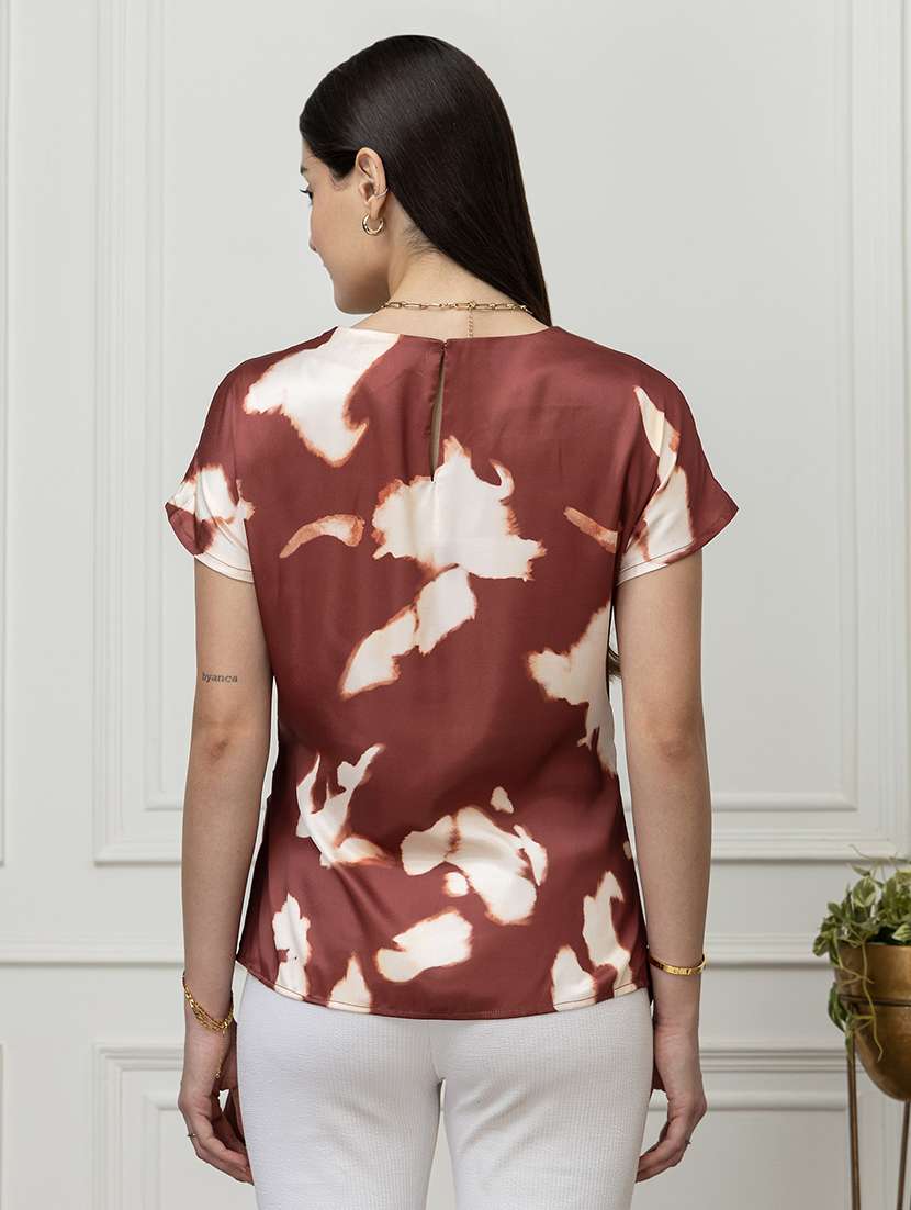 women printed short sleeve mock wrap top - 22078532 - Standard Image - 2