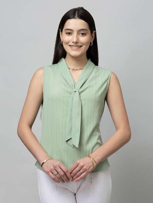 women solid sleeveless tie up neck regular top - 22078534 - Standard Image - 0