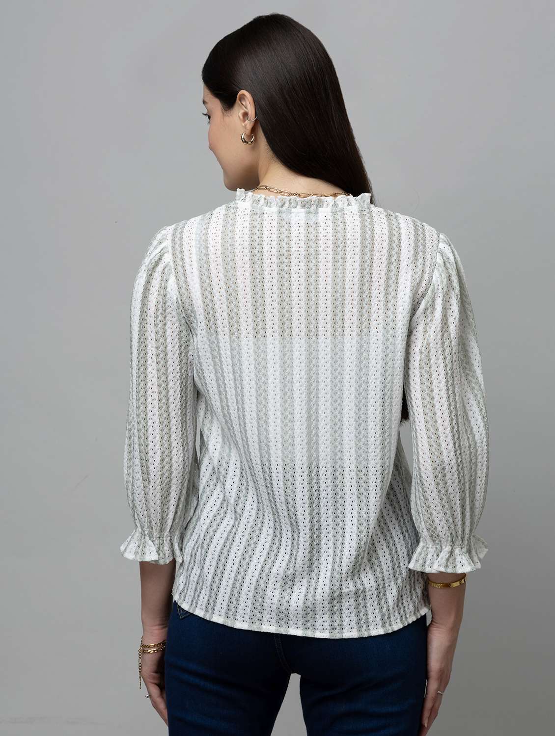 gwomen striped puff sleeev tie-up neck regular top - 22078538 - Standard Image - 2