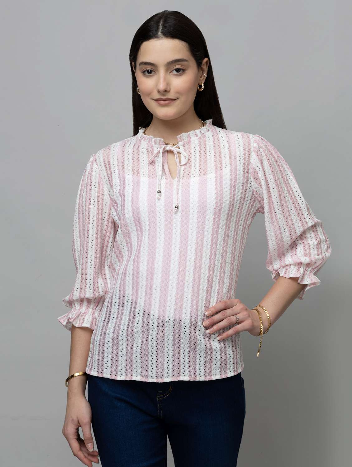 women striped toe up neck puff sleeve top