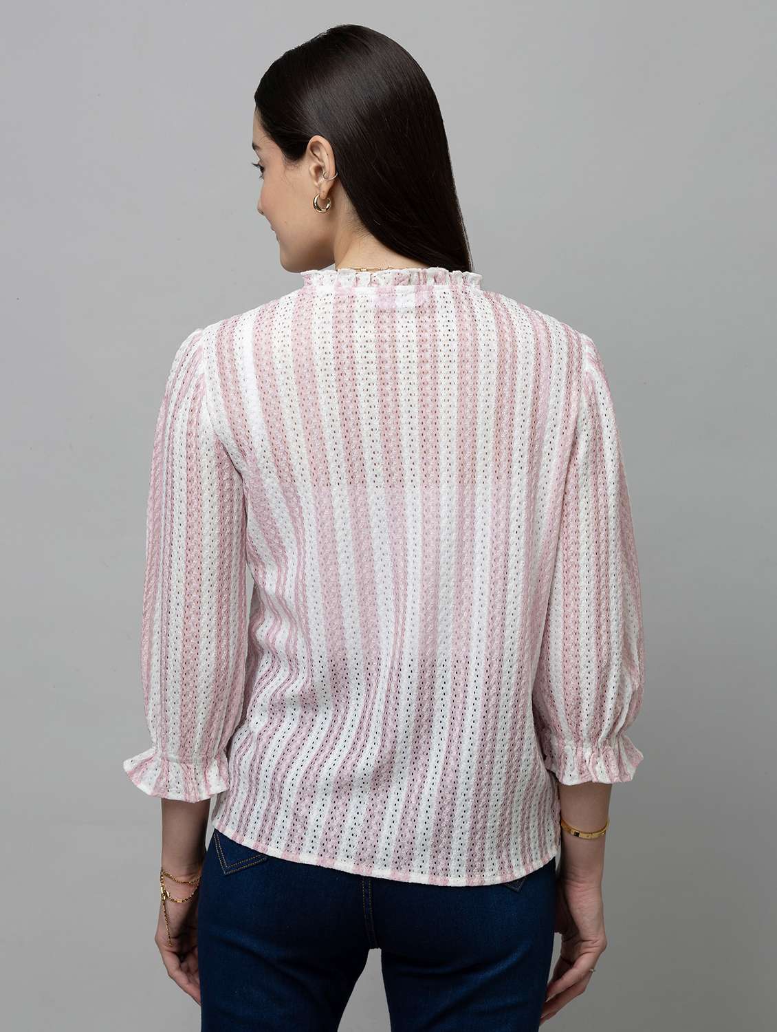 women striped toe up neck puff sleeve top - 22078539 - Standard Image - 2