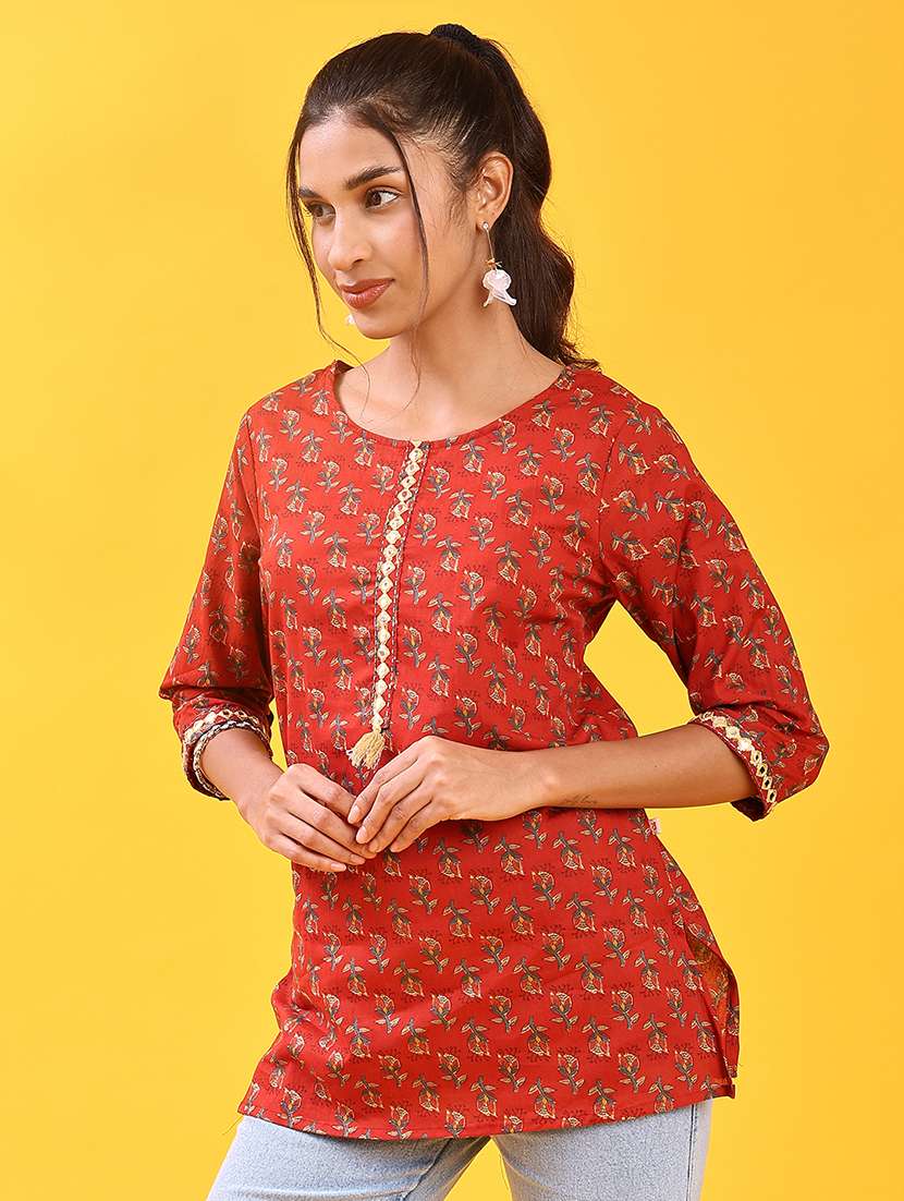women floral printed three quarter sleeve straight kurti - 22078967 -  Standard Image - 2
