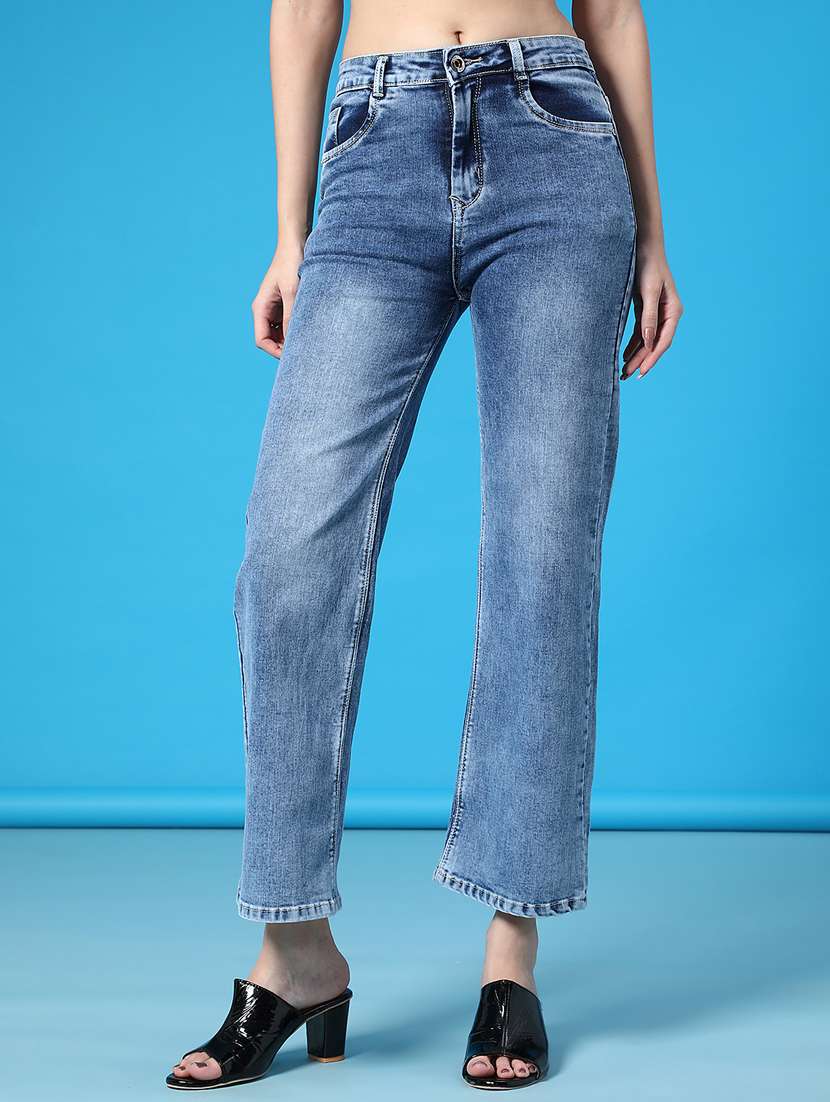 women solid high rise straight fit jean