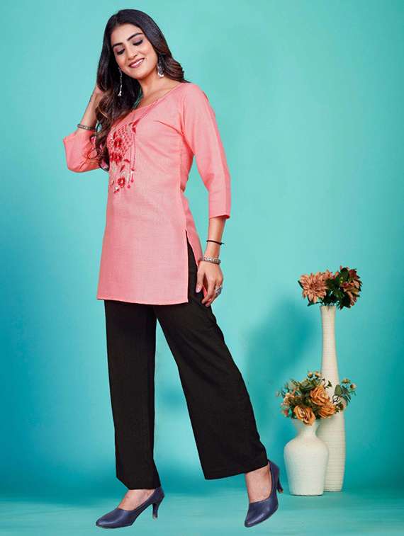 women embroidered three quarter sleeve straight kurti - 22079151 - Standard Image - 2