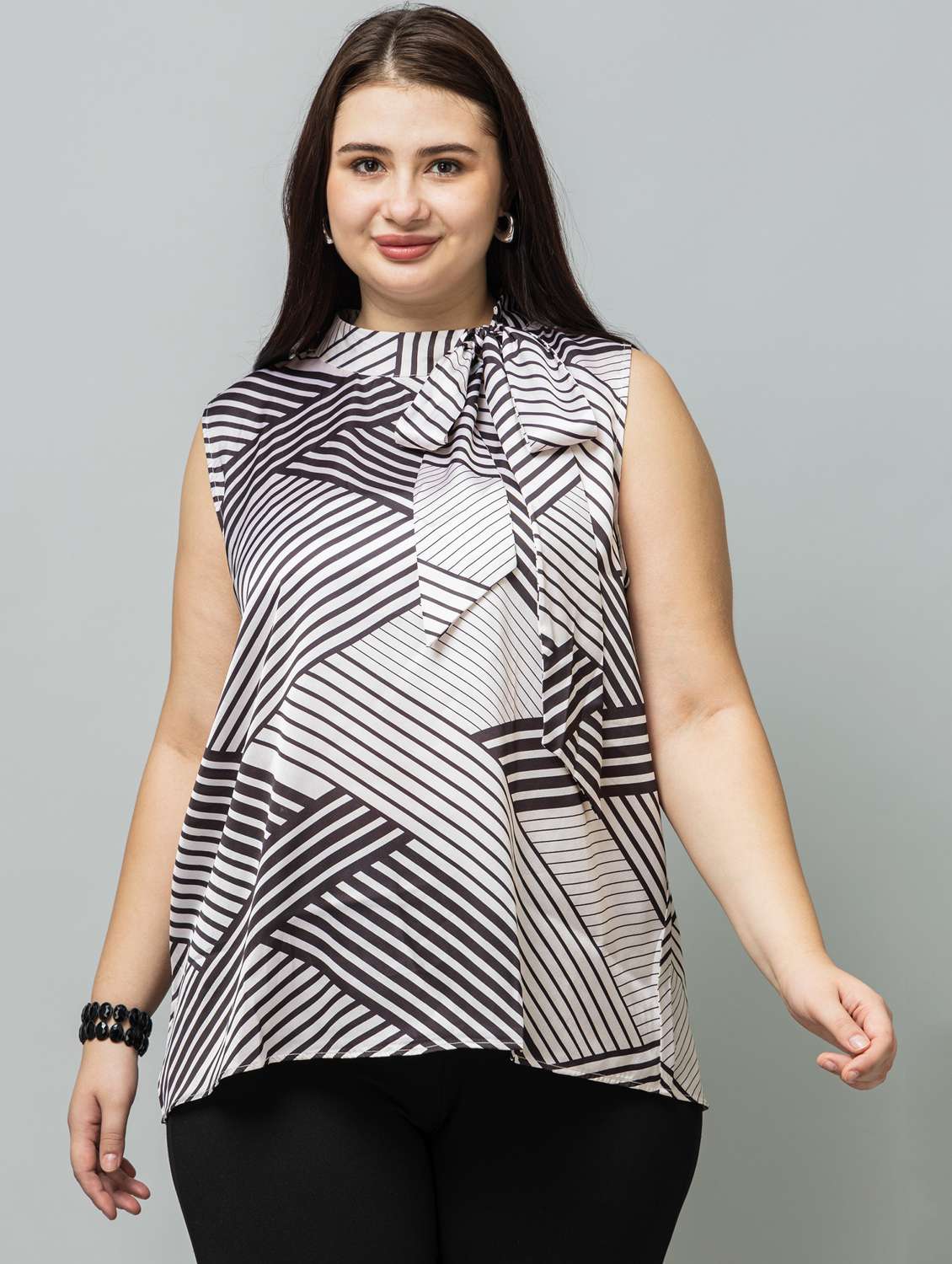 women plus size striped tie-up neck sleeveless top - 22079192 -  Zoom Image - 0
