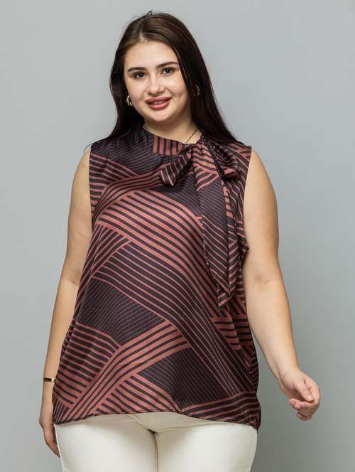 women plus size striped sleeveless tie-up neck top - 22079193 - Standard Image - 0