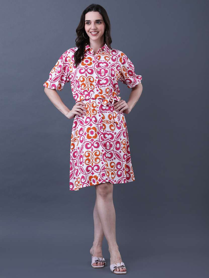 women printed collared puff sleeve shirt dress