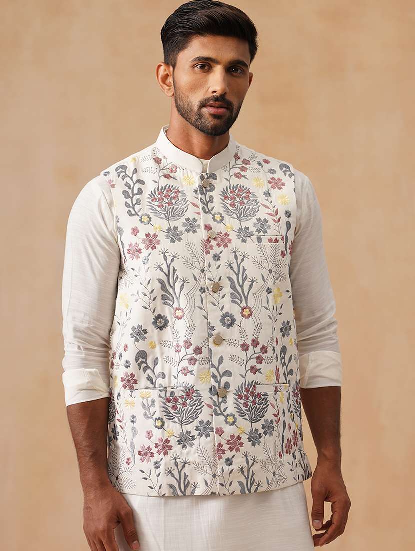 men embroidered mandarin neck nehru jacket