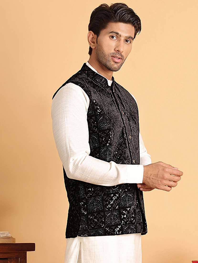 men embroidered mandarin neck nehru jacket - 22079223 - Standard Image - 2