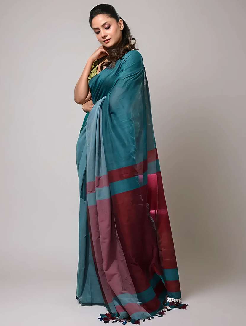 women teal handloom saree with blouse - 22079285 -  Standard Image - 2