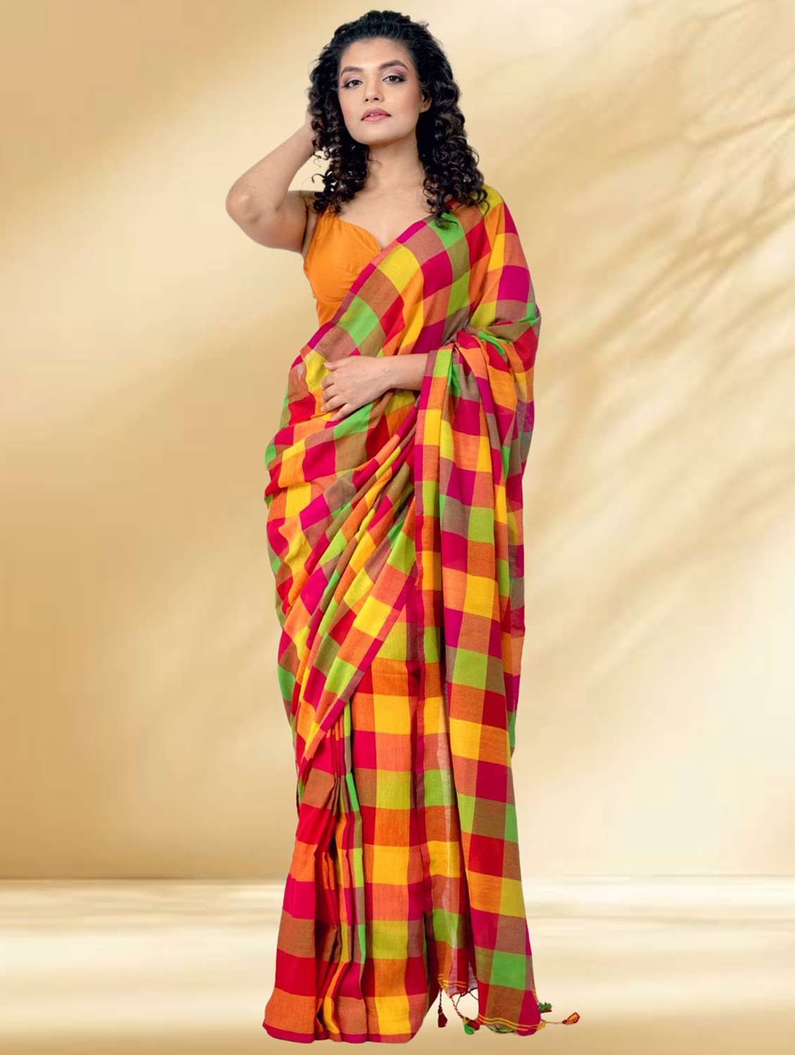 women checkered handloom saree with blouse