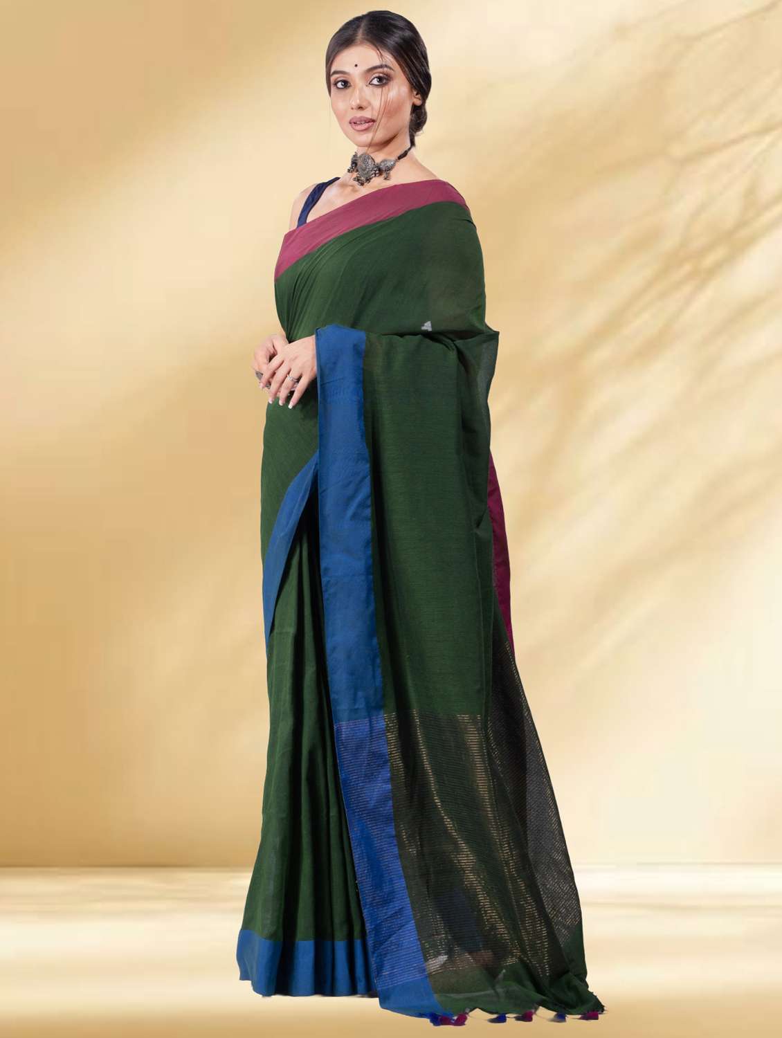 women solid with bordered handloom saree with blouse - 22079307 - Standard Image - 2