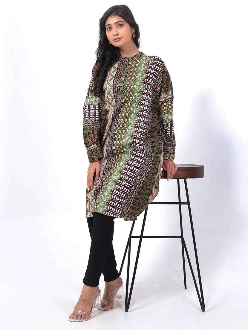 women printed puff sleeve high low tunic