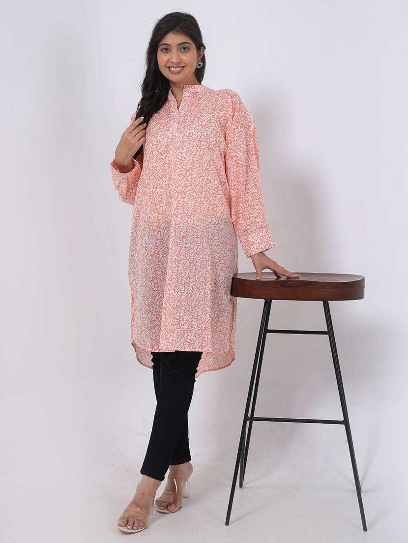 women printed puff sleeve high low tunic
