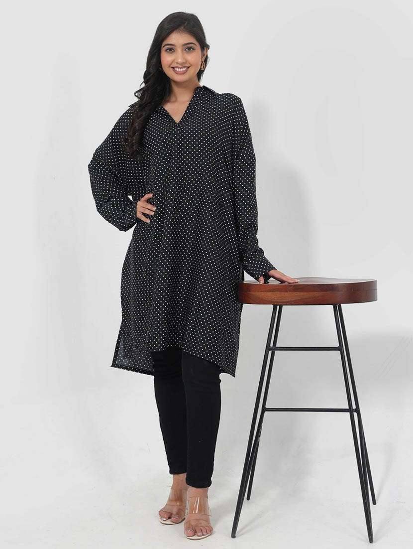 women polka doted long sleeve high low tunic