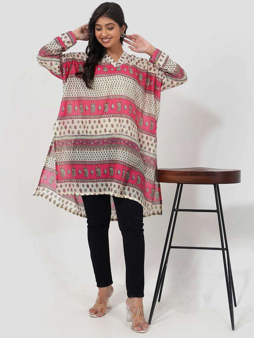 women printed long sleeve relaxed fit kurti