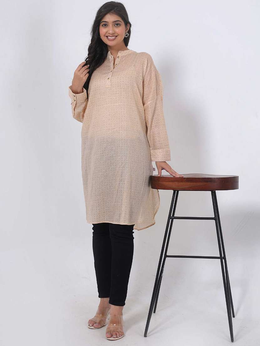 women printed mandarin neck long sleeve straight kurta