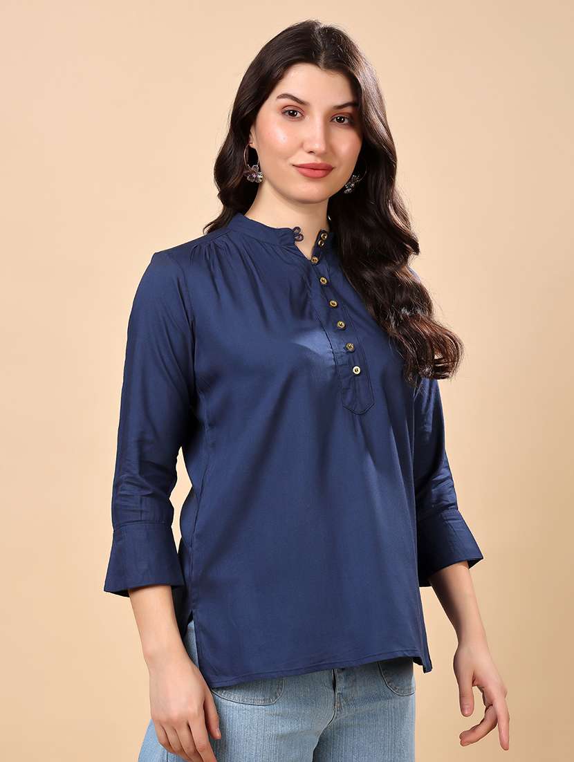 women solid three quarter sleeve regular top - 22079535 - Standard Image - 2