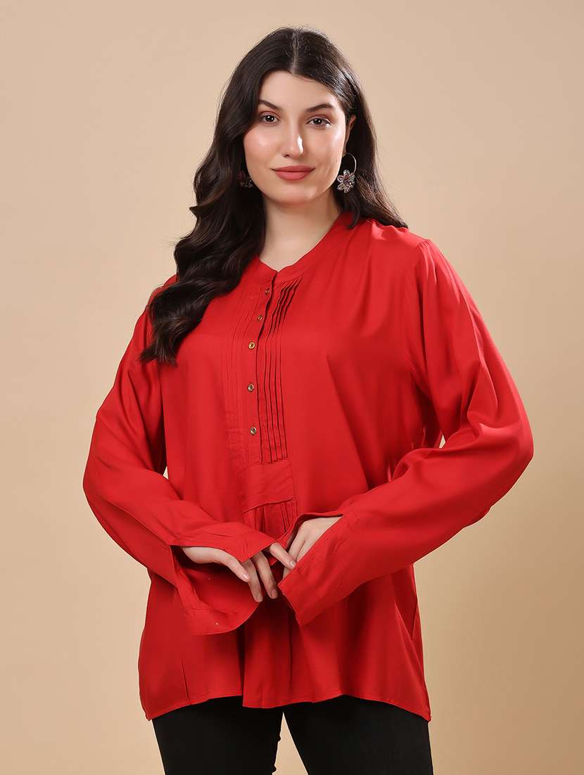 women solid mandarin neck long sleeve top