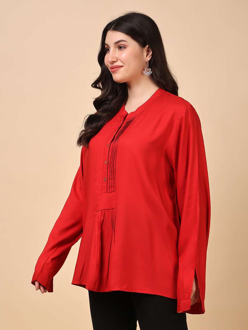 women solid mandarin neck long sleeve top - 22079536 - Standard Image - 2
