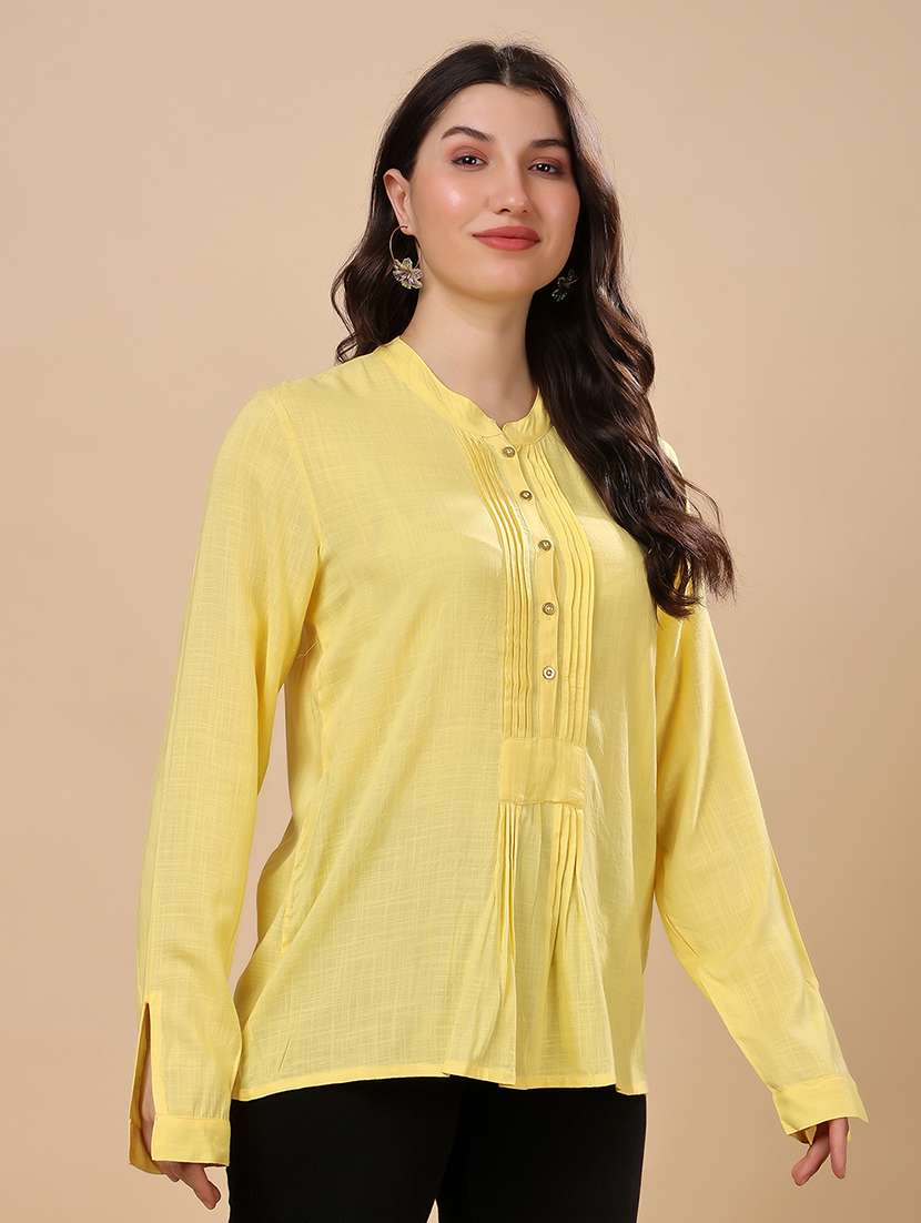 women solid mandarin neck long sleeve top - 22079537 - Standard Image - 2