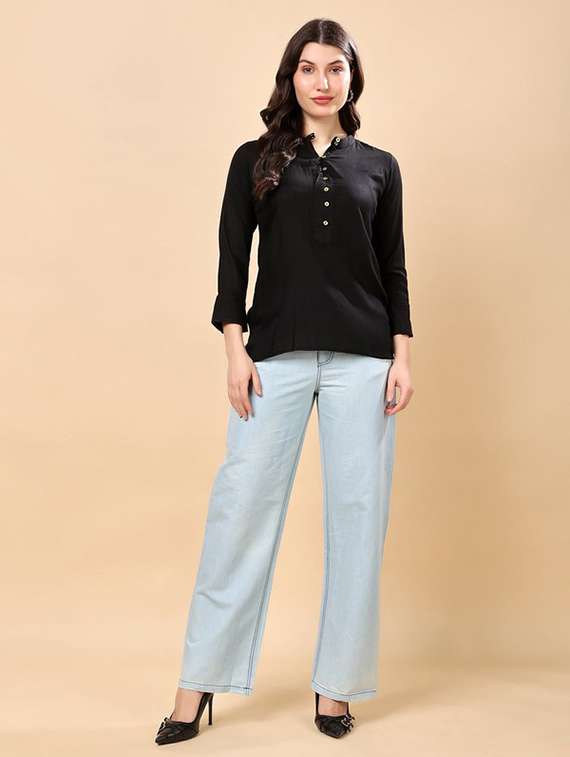 women black solid mandarin neck regular top - 22079538 -  Standard Image - 2