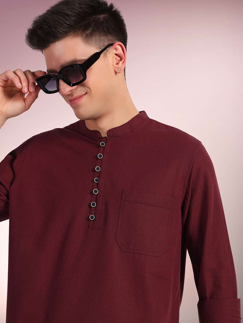 men solid mandarin neck short kurta - 22079720 -  Standard Image - 2