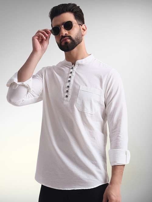 men solid mandarin neck short kurta - 22079723 -  Standard Image - 0