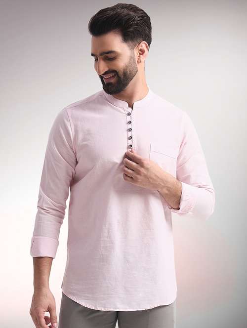 men solid mandarin neck short kurta - 22079727 - Standard Image - 0