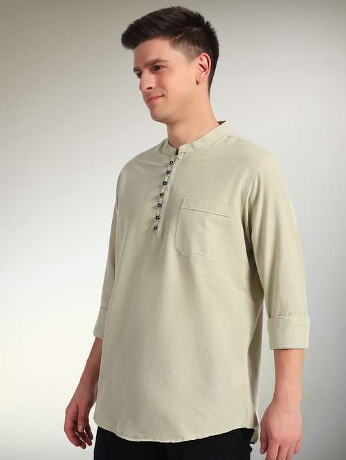 men solid mandarin neck short kurta - 22079729 -  Standard Image - 0