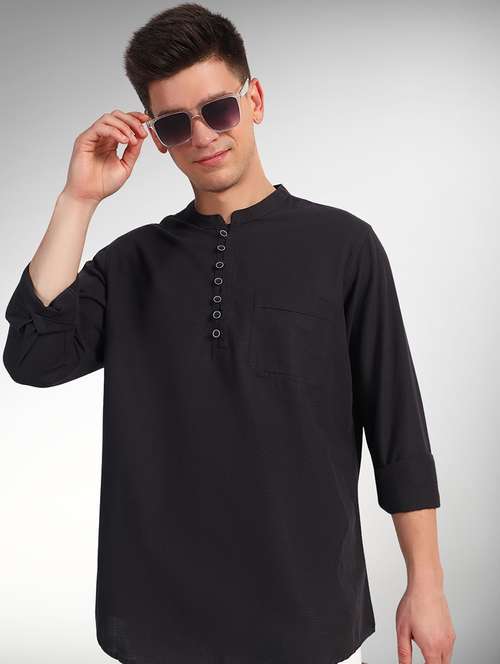 men solid mandarin neck short kurta - 22079731 -  Standard Image - 0
