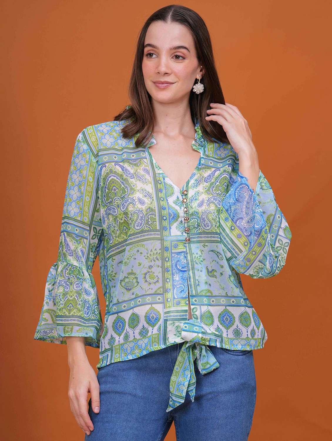women printed bell slevee regular top - 22079736 -  Zoom Image - 0