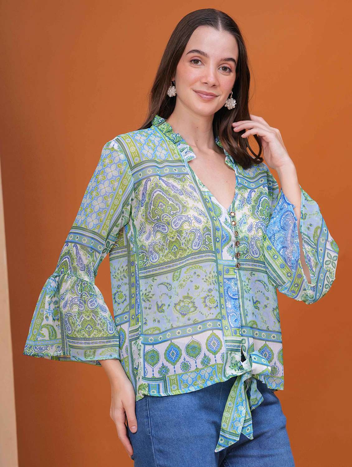 women printed bell slevee regular top - 22079736 - Standard Image - 2