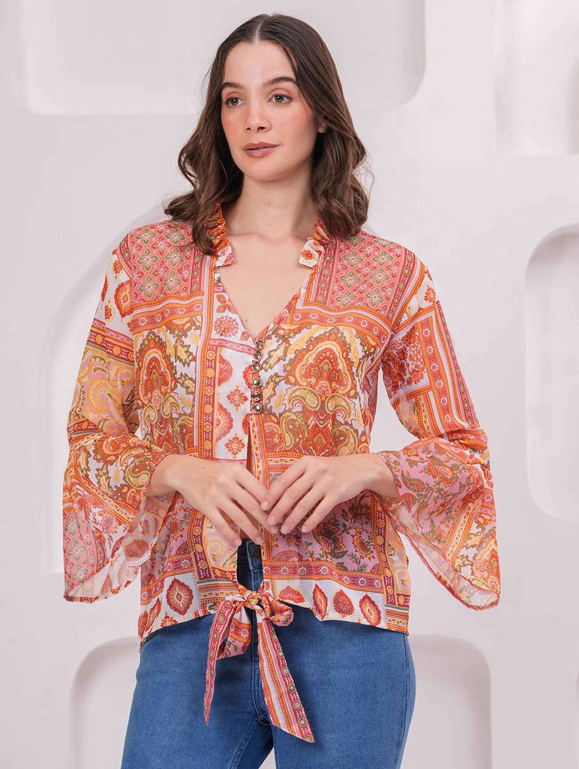 women printed bell slevee regular top - 22079737 - Standard Image - 2