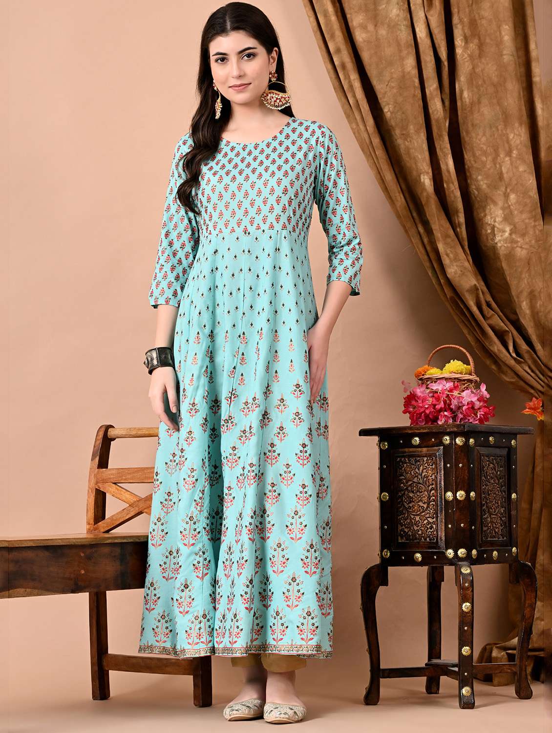 women printed three quarter sleeve ethnic dress