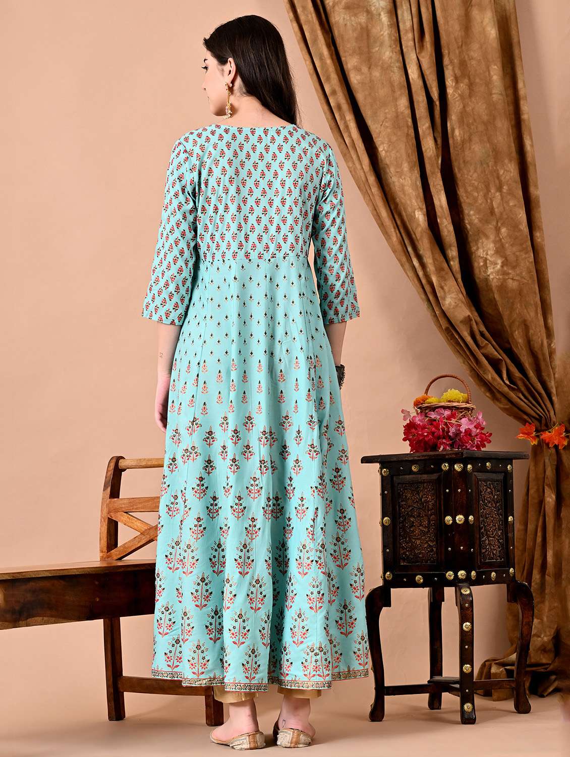 women printed three quarter sleeve ethnic dress - 22079739 -  Standard Image - 2