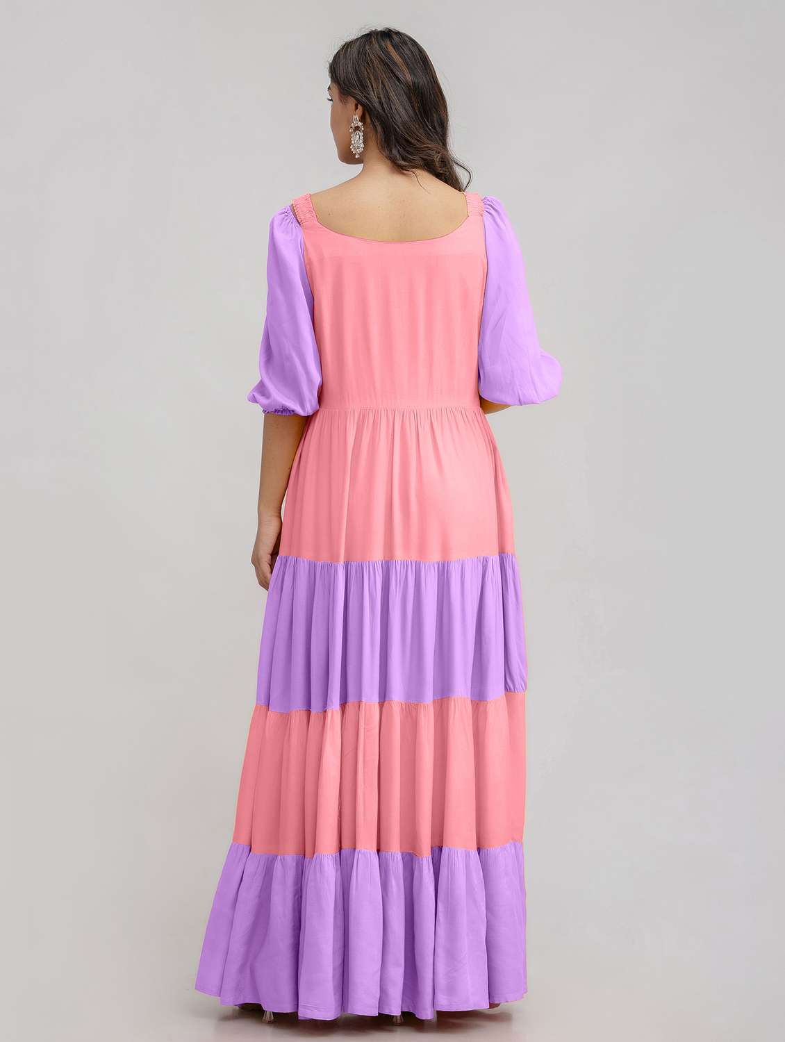 women color block puff sleeve tiered maxi dress - 22079745 - Standard Image - 2