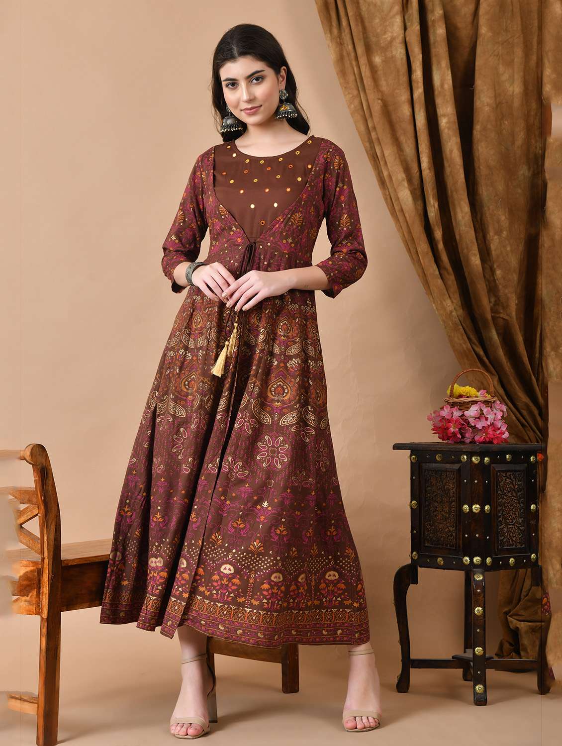 women printed three quarter sleeve ethnic dress