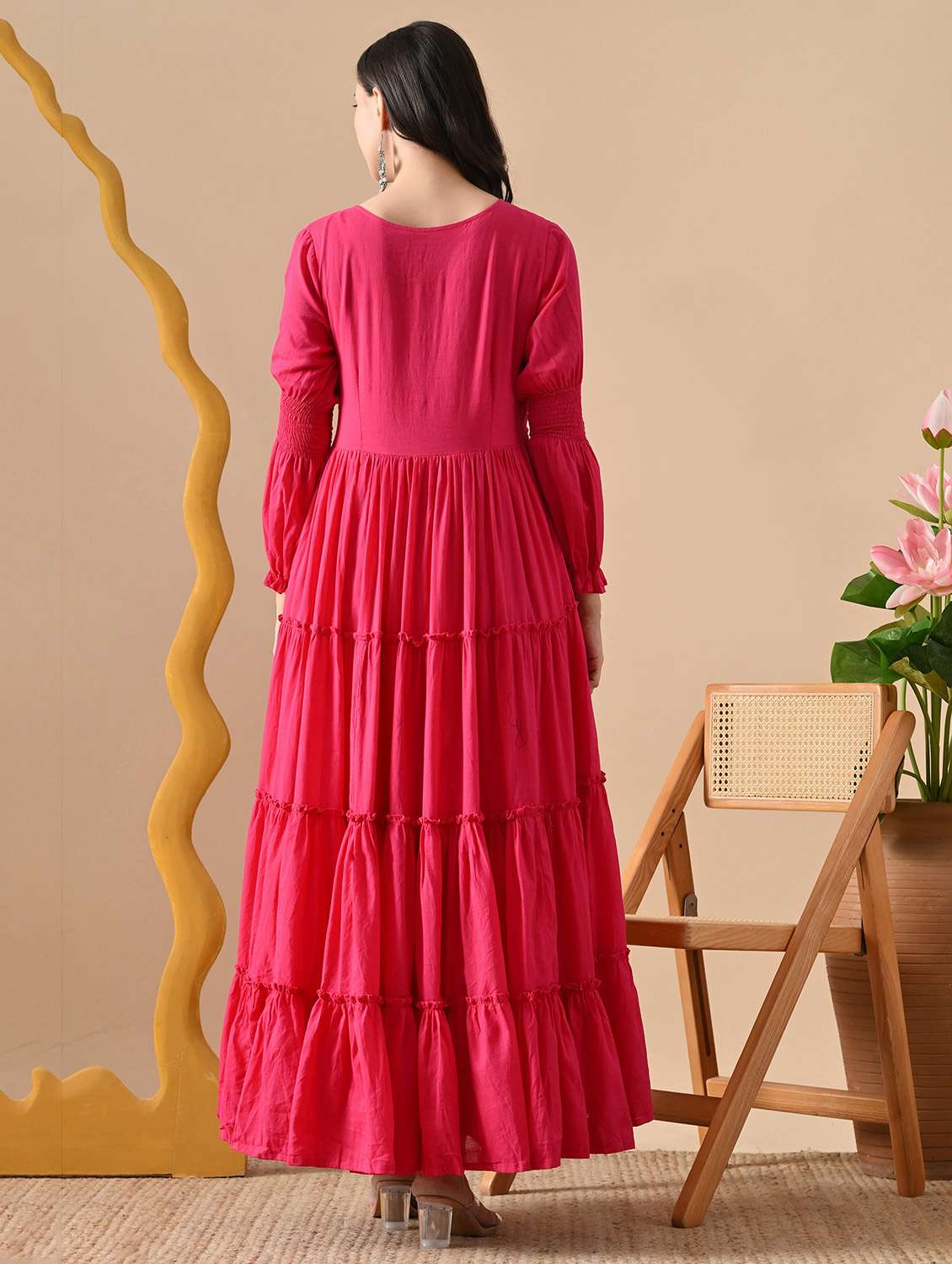 women solid long sleeve tiered ethnic dress - 22079749 -  Standard Image - 2