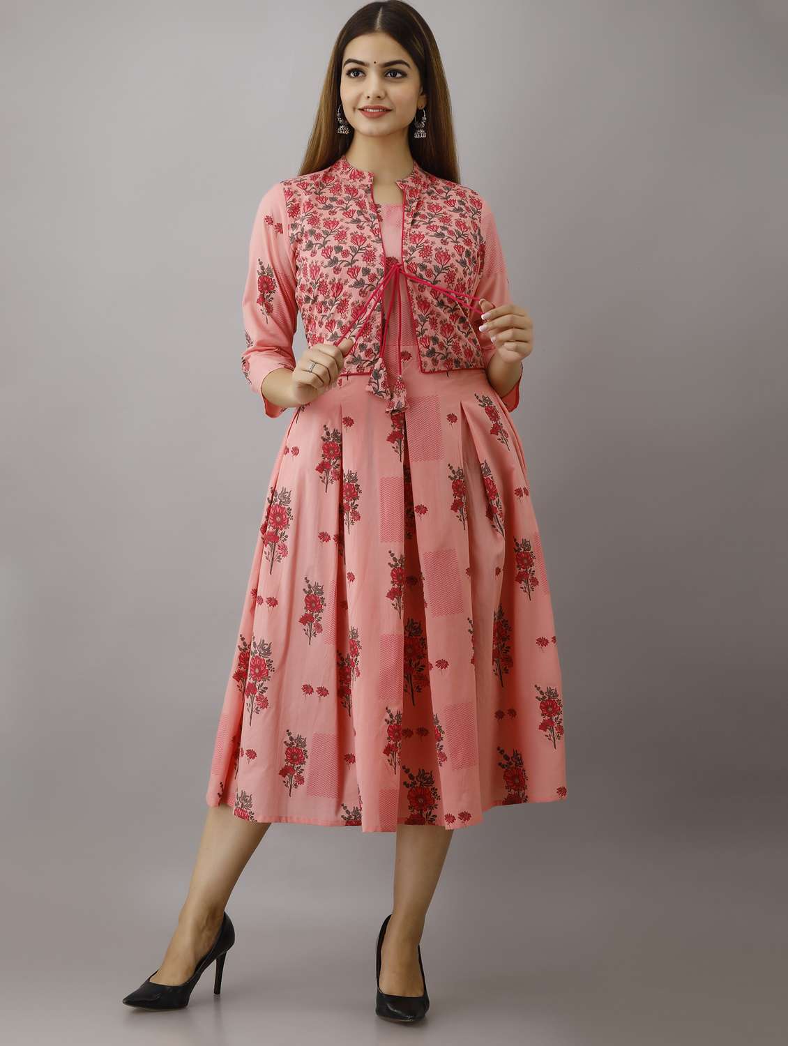 women floral printed three quarter sleeve ethnic dress