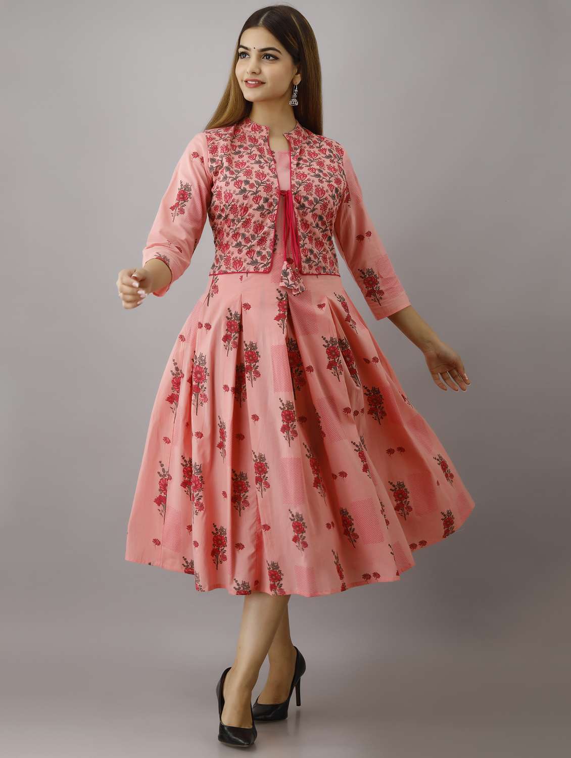 women floral printed three quarter sleeve ethnic dress - 22079754 -  Standard Image - 2