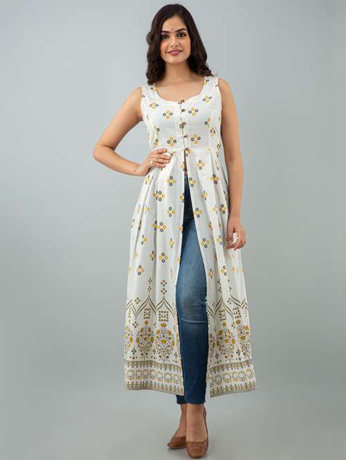 women printed sleeveless front slit kurta - 22079756 - Standard Image - 0