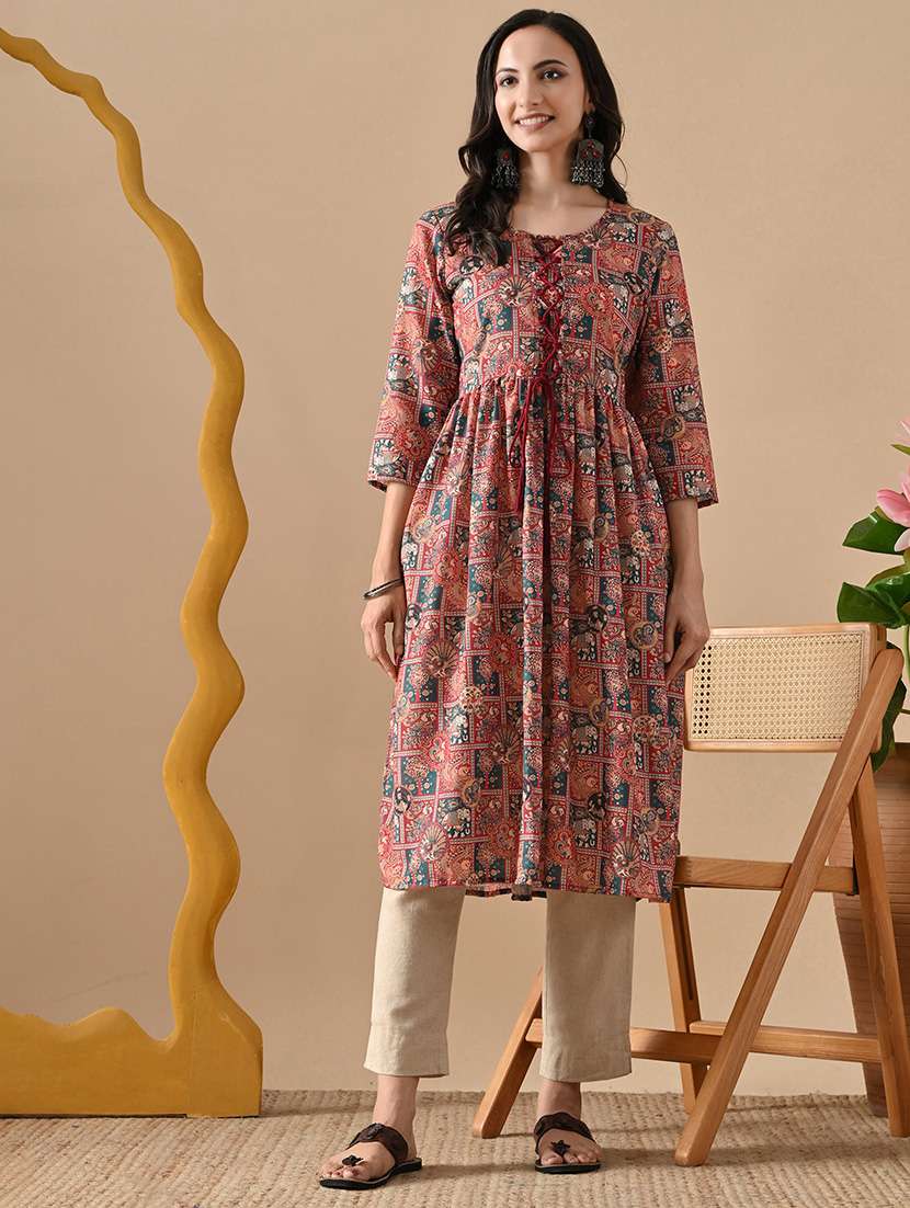 women printed three quarter sleeve a-line kurta - 22079759 -  Standard Image - 2
