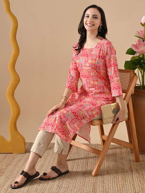 women printed three quarter sleeve straight kurta - 22079760 -  Standard Image - 0