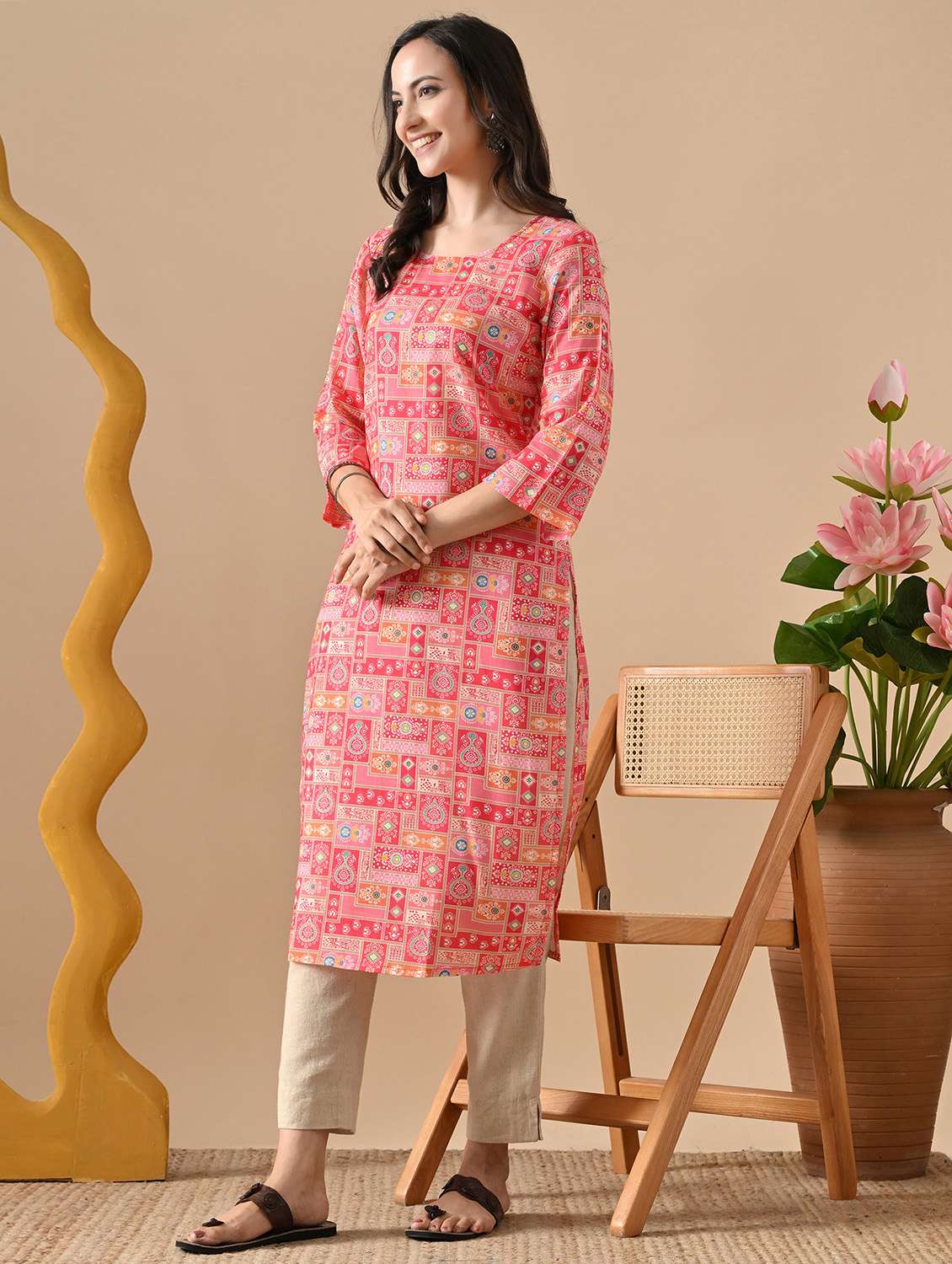 women printed three quarter sleeve straight kurta - 22079760 - Standard Image - 2