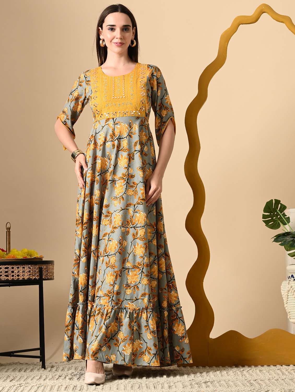 women floral printed three quarter sleeve ethnic dress