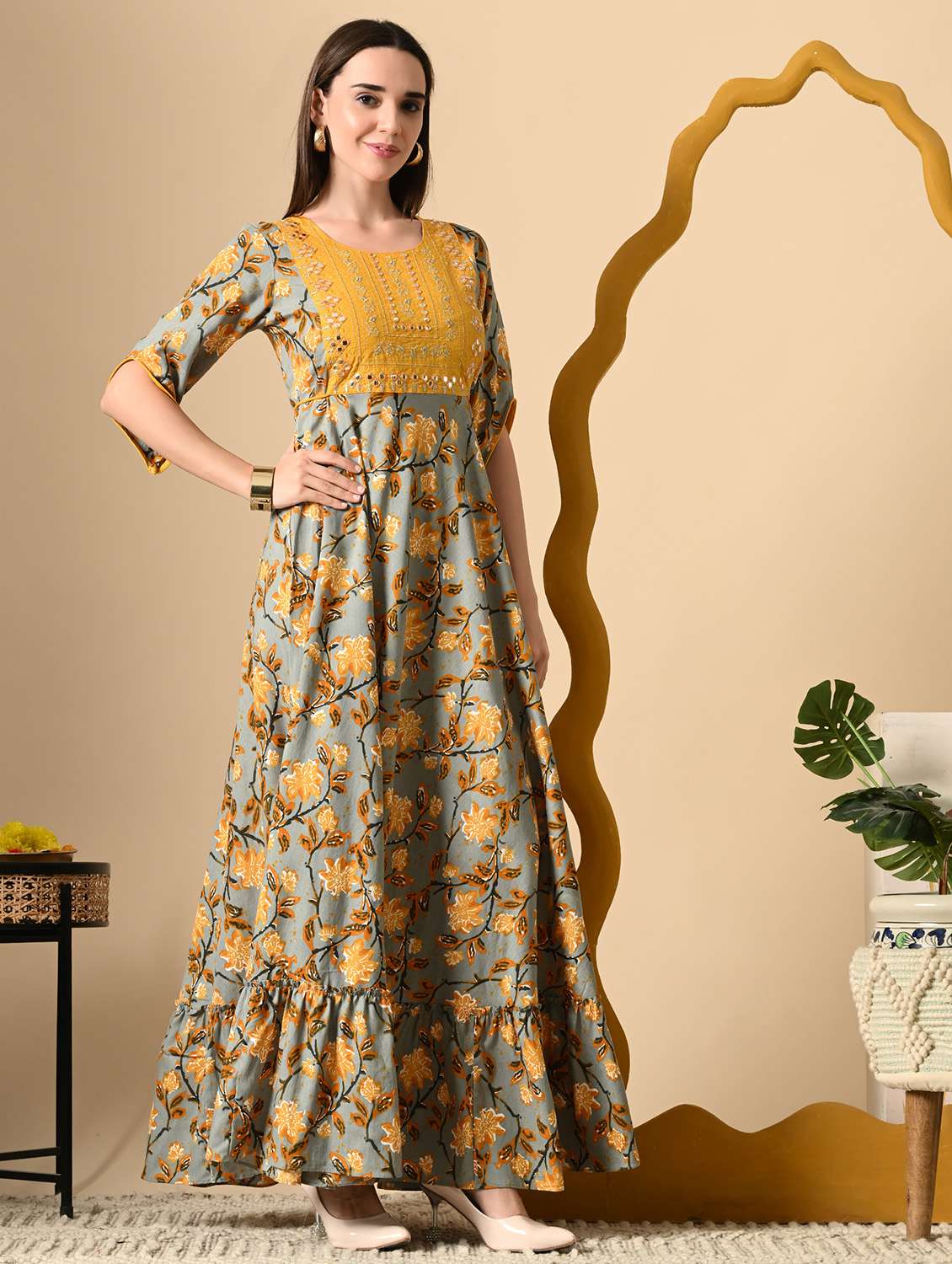 women floral printed three quarter sleeve ethnic dress - 22079763 - Standard Image - 2