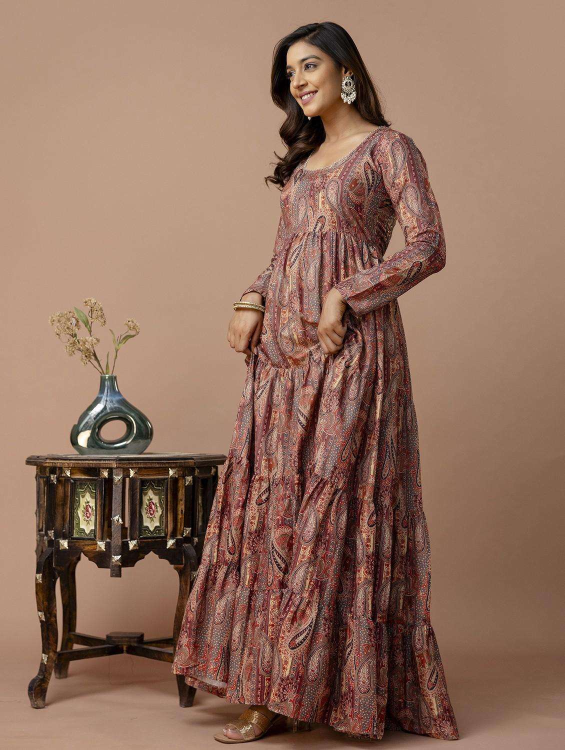 women paisley printed long sleeve ethnic dress - 22079764 -  Standard Image - 2