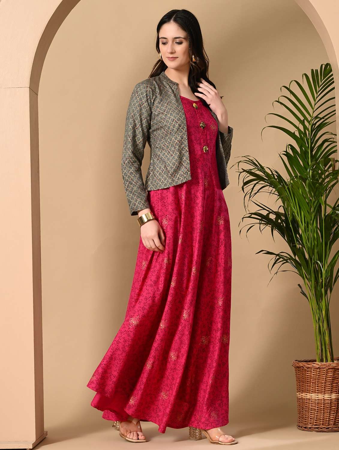 women printed long sleeve ethnic dress - 22079774 - Standard Image - 2
