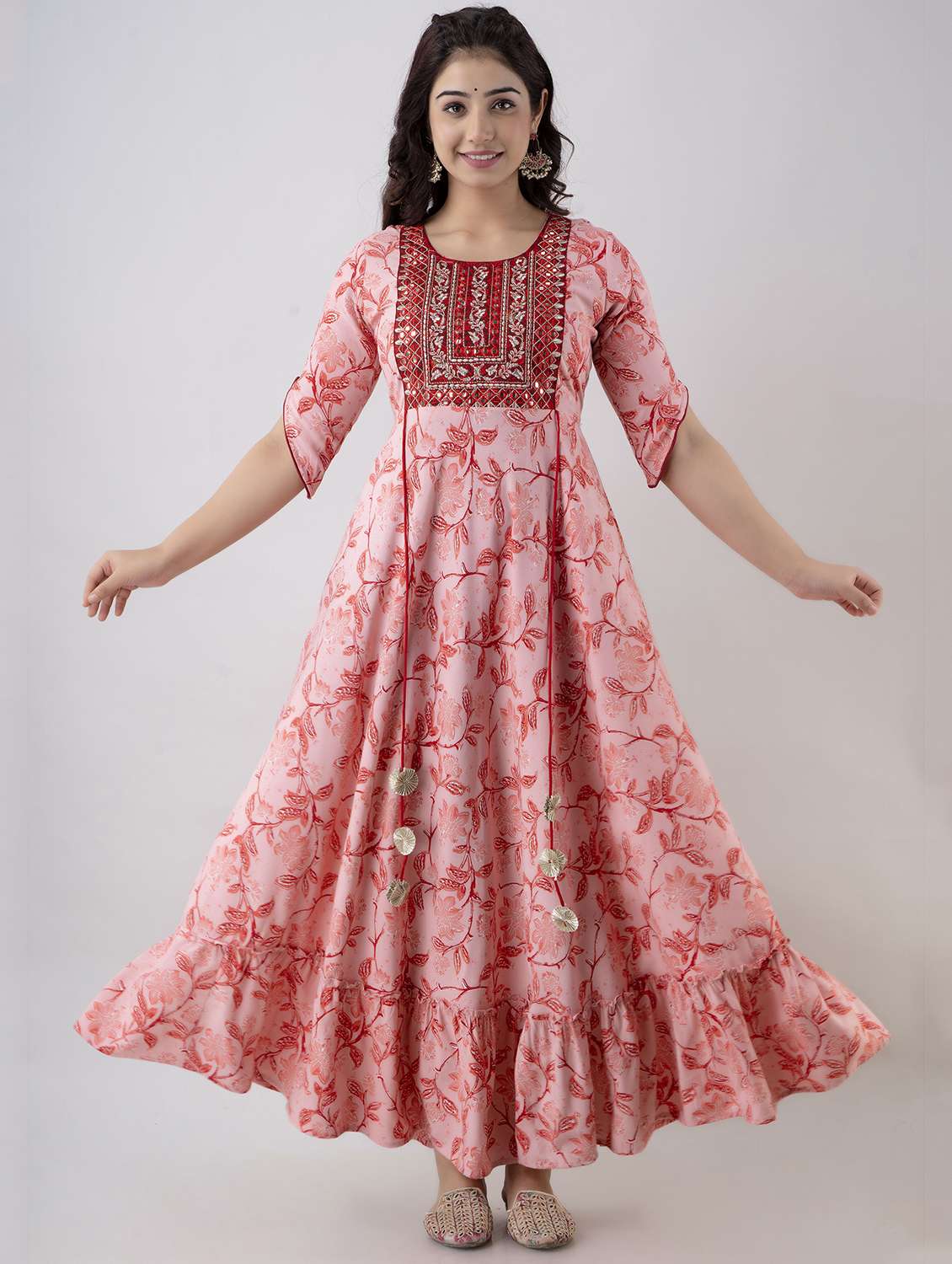 women floral printed short sleeve tiered ethnic dress - 22079788 - Standard Image - 2